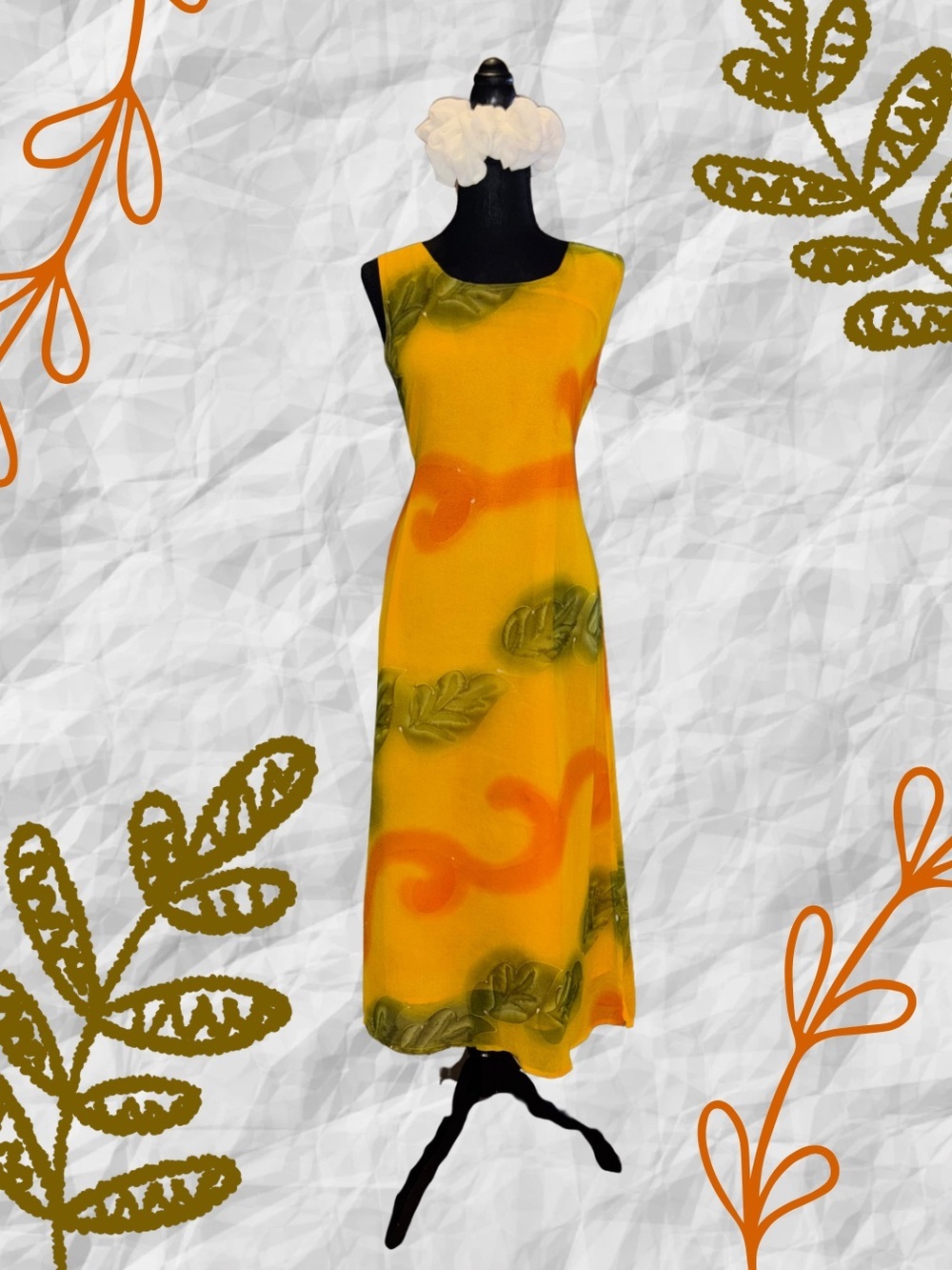 Vintage Magic Yellow Abstract Leaf Print Sleeveless Midi Dress Women’s Medium M